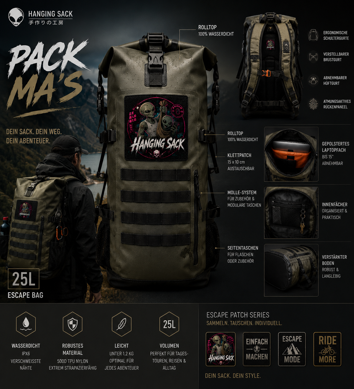 Hanging Sack Drybag mit Tragesystem und Featureübersicht